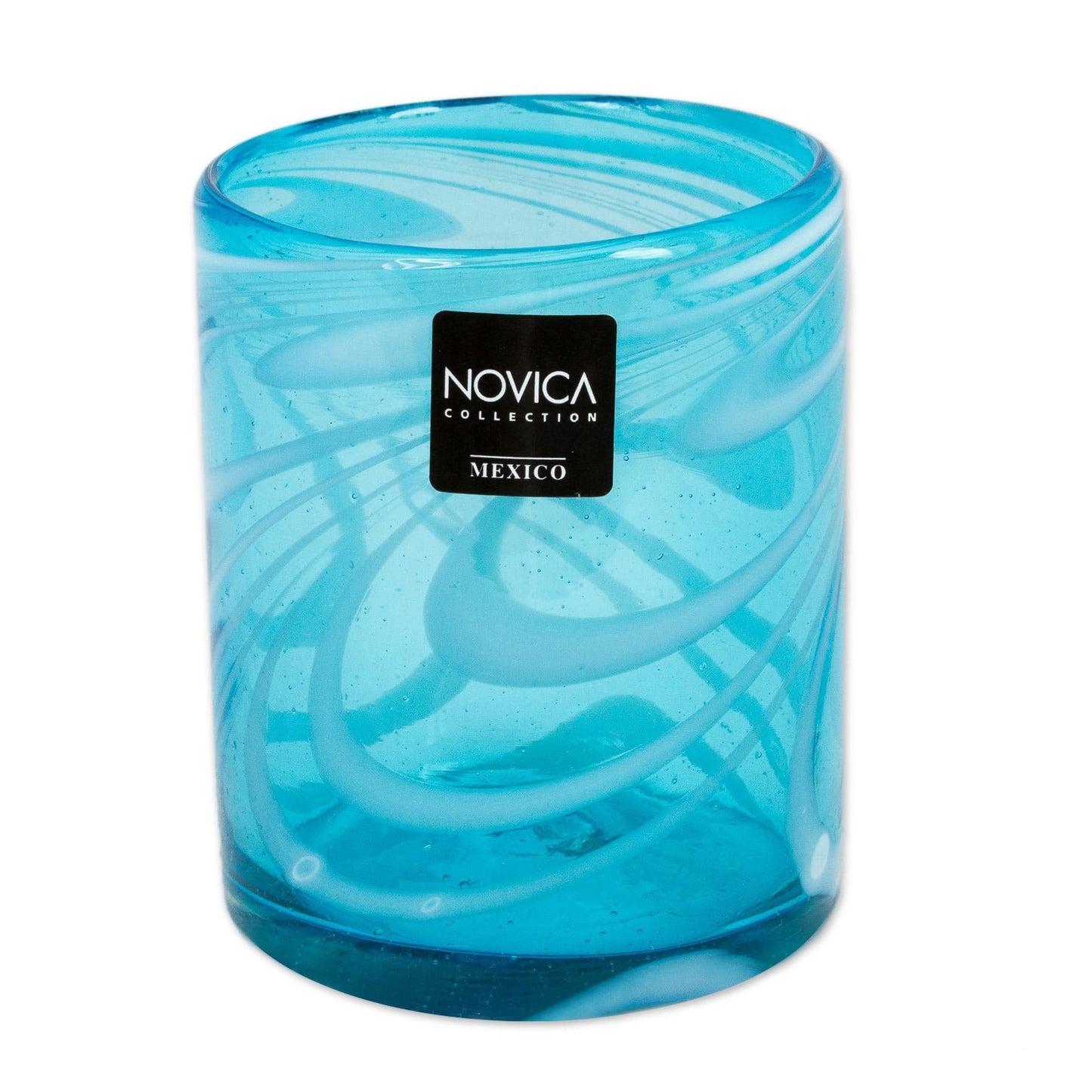NOVICA Light Blue And White Swirl Hand Blown Glass Rock Glasses, 11 Oz, 'Whirling Aquamarine' (Set Of 6)