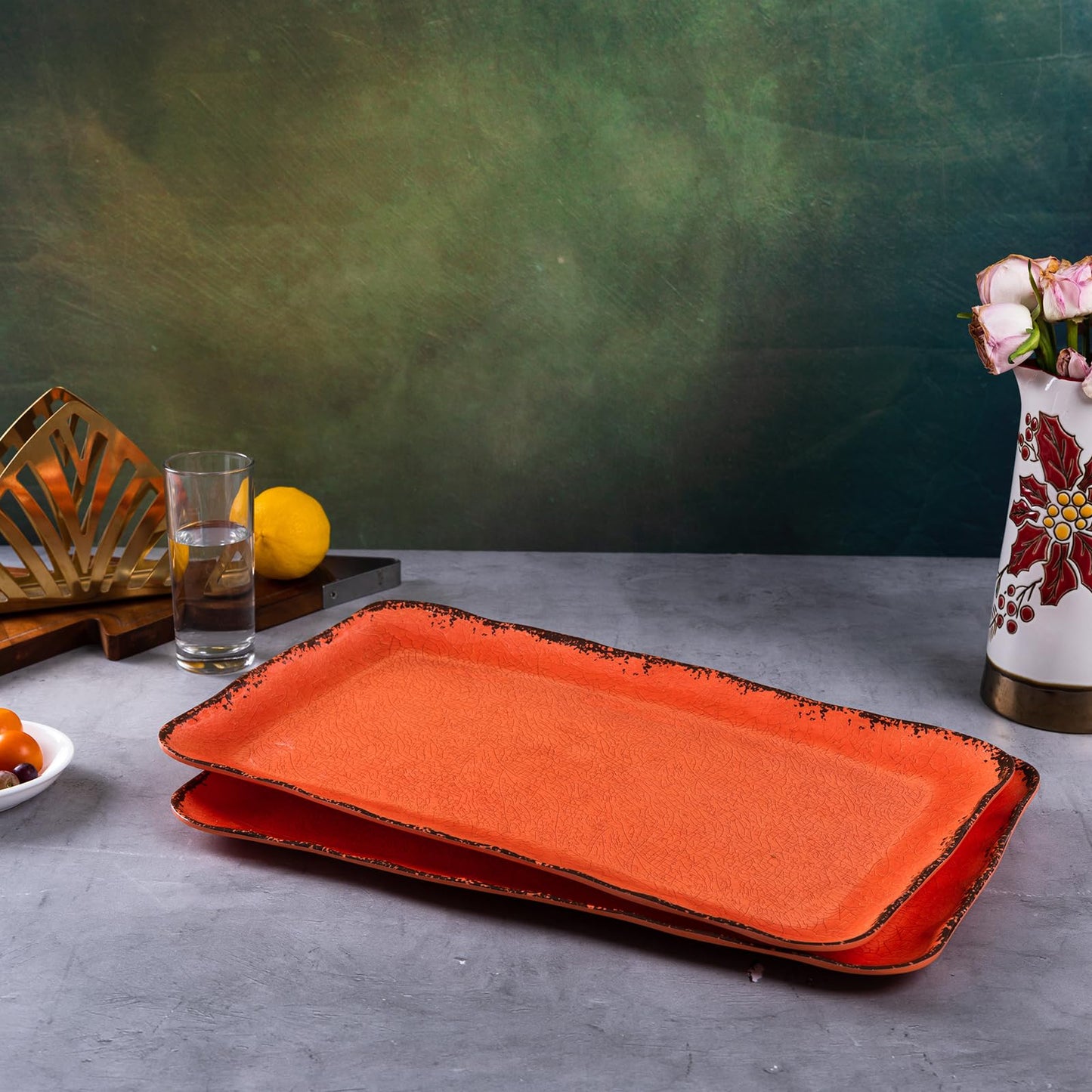 Tangerine Melamine Serving Tray/Platters Set of 2, 17.5" x 10", 2-Piece Large Rectangular Melamine Platter Set for Serving Food, Orange