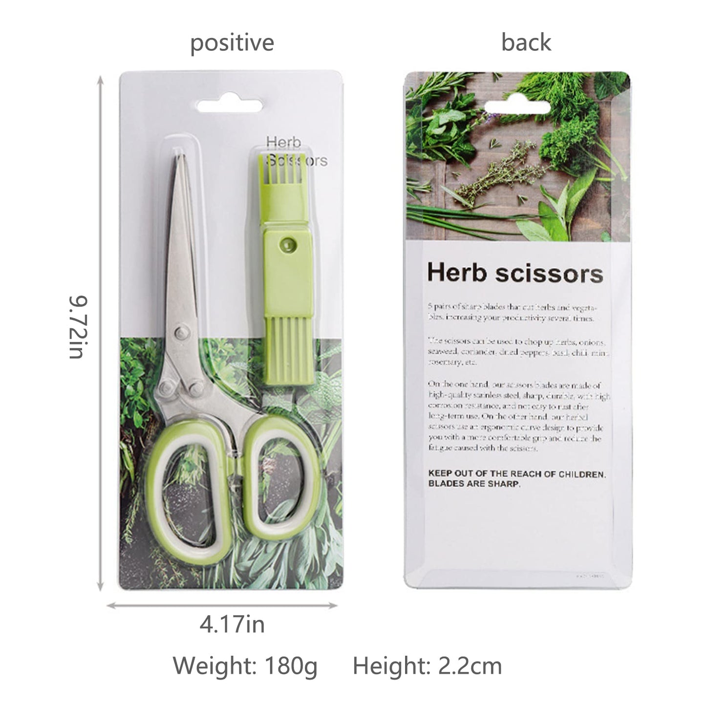 SimpleKitchen Gourmet Herb Scissors Set Multipurpose Cutting Shears with Stainless Steel 5 Blades, Herb Stripper, Safety Cover Cleaning Comb for Cutting Cilantro Onion Salad (Green)