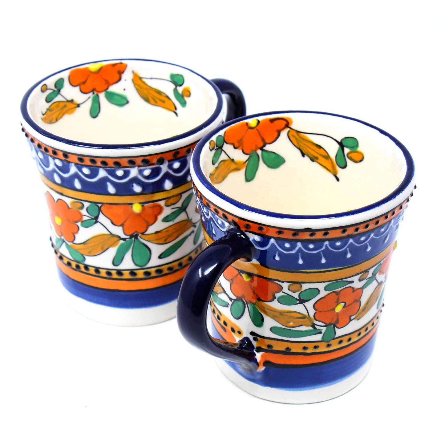 Global Crafts Encantada Handmade Hand-Painted Authentic Mexican Pottery Mugs (Orange Flower X2)