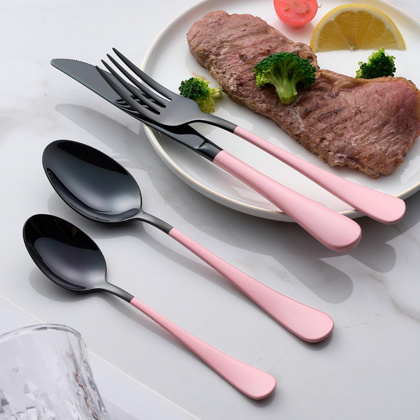 Black and Pink 20-Piece Silverware Set 18/0 Stainless Steel Flatware Warm Pink Handle Cutlery Set Service for 4 Dinner Knives Forks Spoons Set Mirror Finish Dishwasher Safe