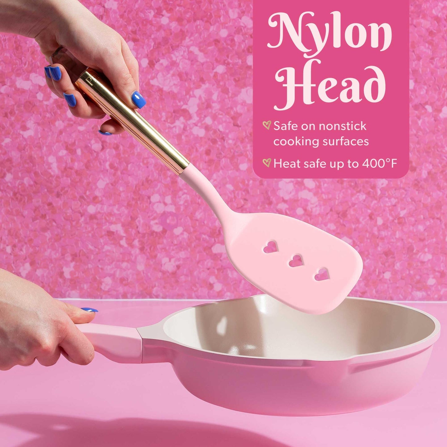 Paris Hilton Slotted Turner with Pink Jewel Shaped Handle, Heat-Resistant up to 400°F, Dishwasher Safe Kitchen Tools and Utensil, Pink and Gold