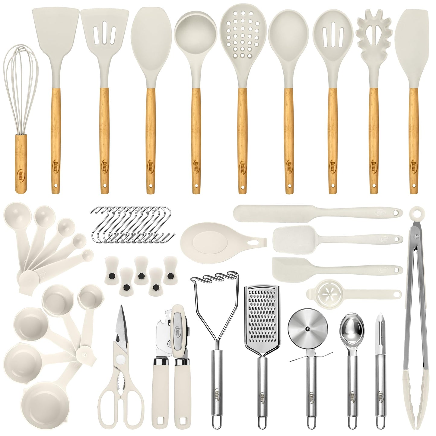 White 50-Piece Silicone Kitchen Utensils Set - Mothers's Day Gifts for Moms, Wives, Dads and Husbands - Complete Kitchen Set 800°F Heat-Resistant Non-Stick Premium Silicone Cooking Utensils with Wooden Handles
