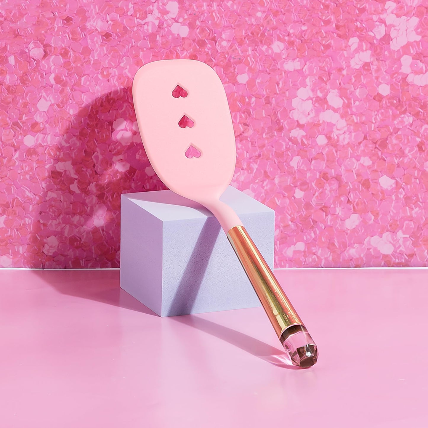 Paris Hilton Slotted Turner with Pink Jewel Shaped Handle, Heat-Resistant up to 400°F, Dishwasher Safe Kitchen Tools and Utensil, Pink and Gold