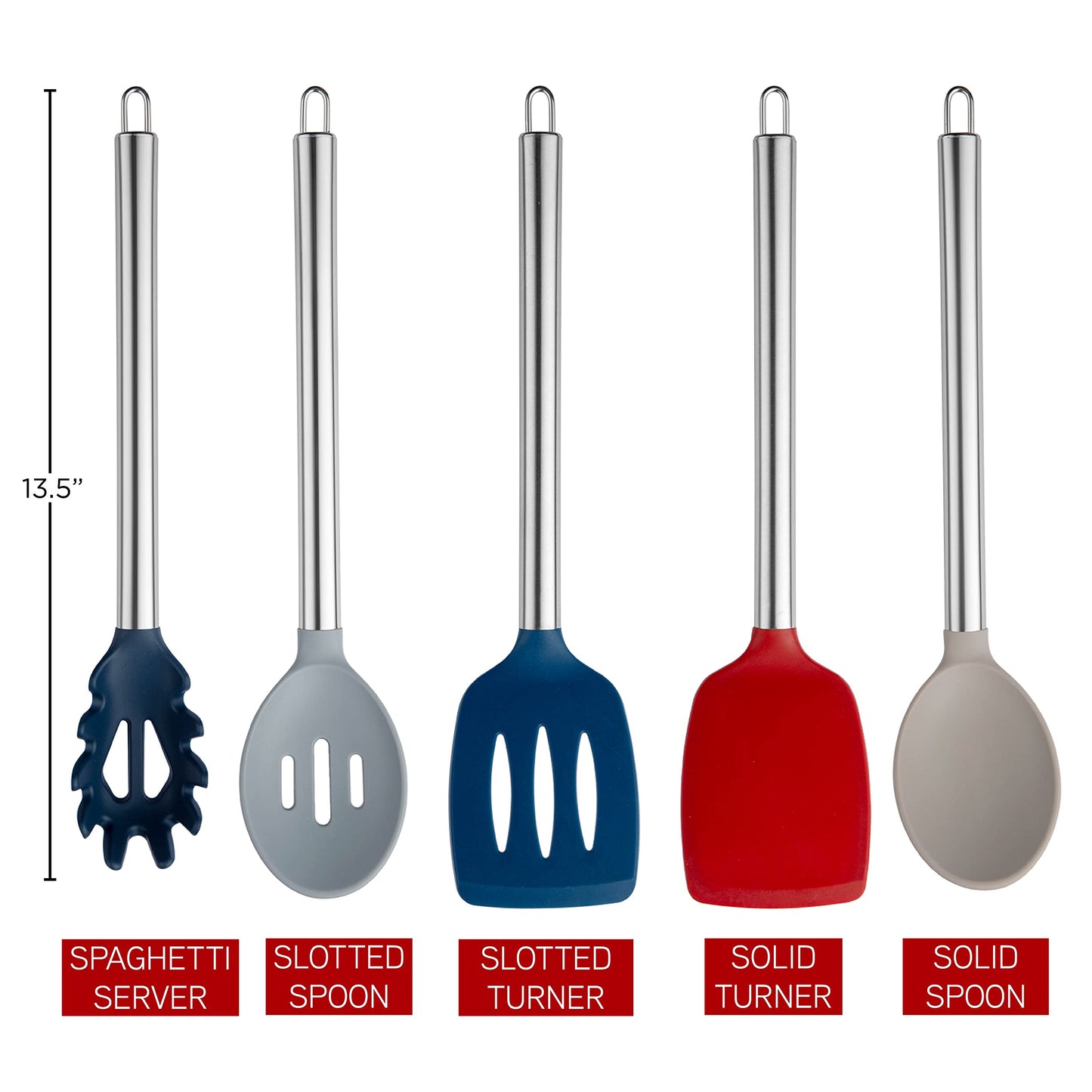 COOK WITH COLOR Silicone Cooking Utensils, Kitchen Utensil Set, Easy to Clean Silicone Kitchen Utensils, Cooking Utensils for Nonstick Cookware, Kitchen Gadgets Set, 5 Pieces, Red
