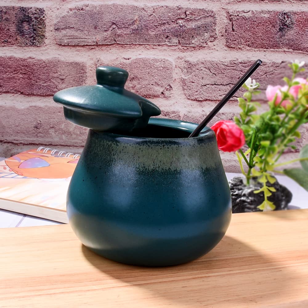 BOSILI Green Ceramic Sugar Bowls with Spoon Porcelain Salt Container with Lid for Home and Kitchen