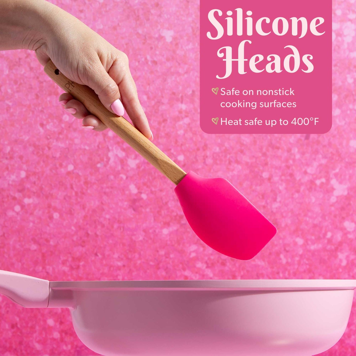 Paris Hilton Silicone Spatula Set, Heat Resistant Kitchen Utensils Tool Set includes a basting brush, all-purpose spatula, large spatula, spoon and spreader, 5-Piece Pink