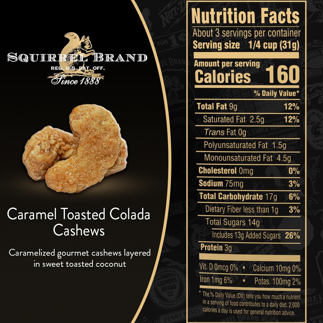 Squirrel Brand Caramel Toasted Colada Cashews 3.5 oz Resealable Bag with sweet toasted coconut, natural flavors