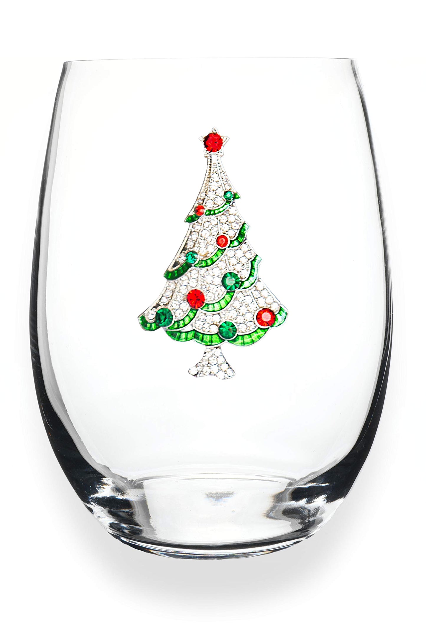 Christmas Tree Jeweled Stemless Wine Glass, 21 oz. - Unique Gift for Women, Birthday, Cute, Fun, Holiday, Not Painted, Decorated, Bling, Bedazzled, Rhinestone