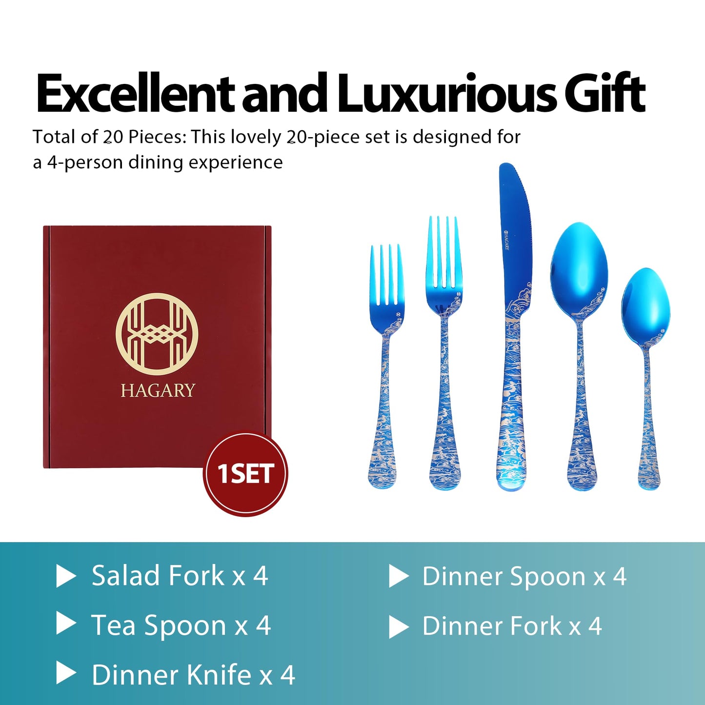 Blue Wave Cutlery Set - 20 Pieces of Stainless Steel Flatware Set Service for 4 Utensils For Home Kitchen Wedding Laser Engraved Dishwasher Safe All Blue