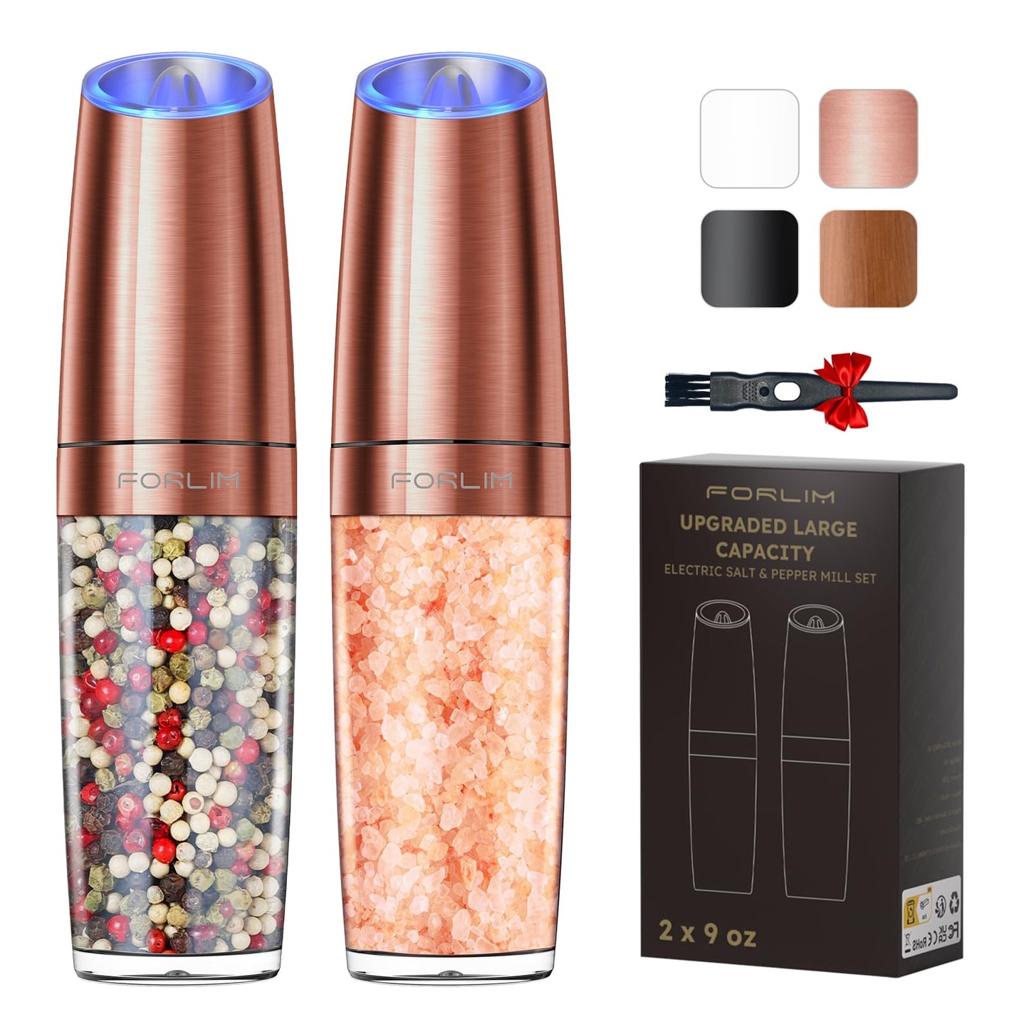 Upgraded 9 Oz. Capacity Electric Salt and Pepper Grinder Set, Battery Powered Salt Grinder Refillable, Automatic One Hand Operation Adjustable Coarseness, (Golden)