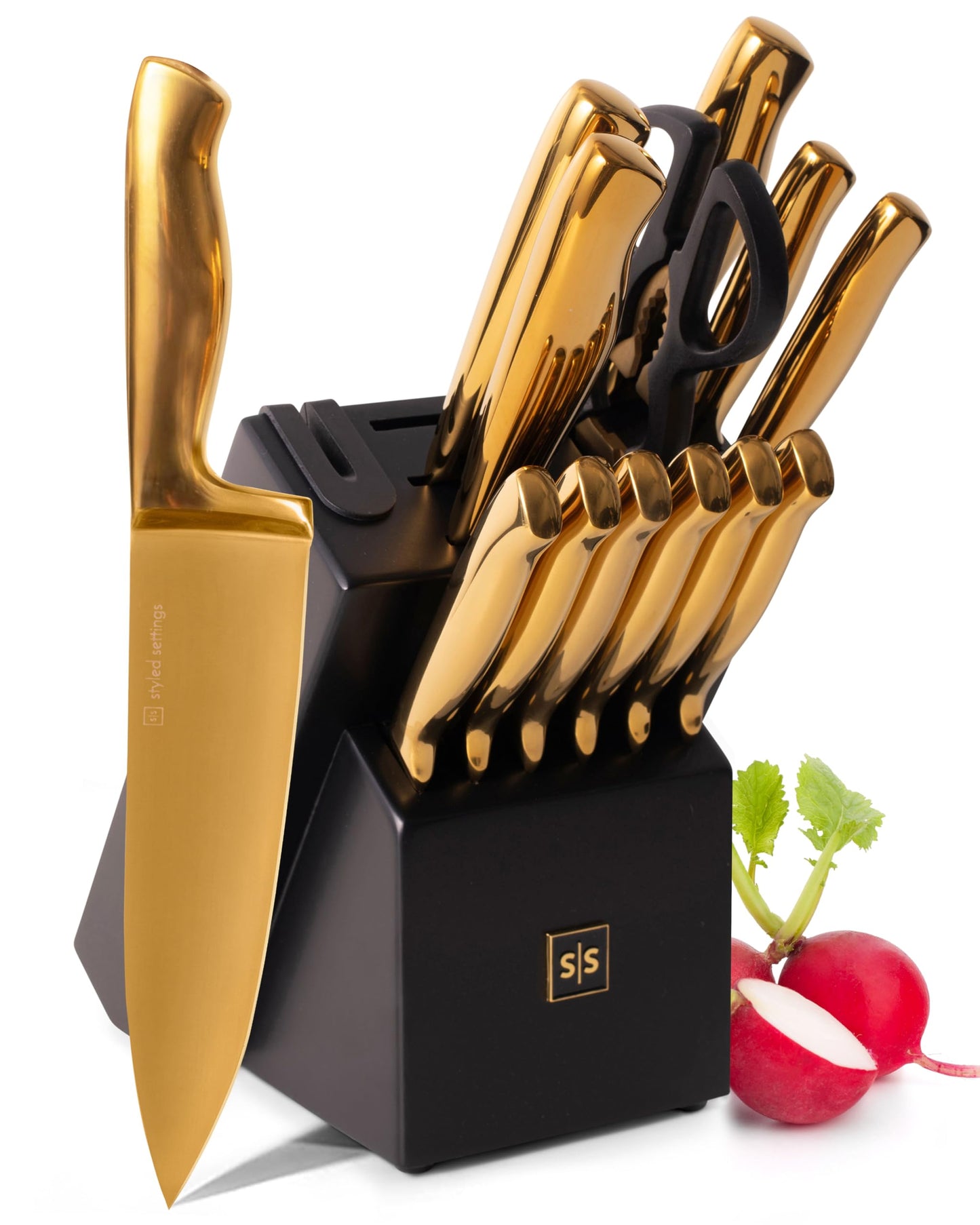 Black and Gold Knife Set with Block – 14-Piece Ultra-Sharp Full Tang Knives with Self-Sharpening Knife Block – Stylish Black and Gold Kitchen Accessories and Decor