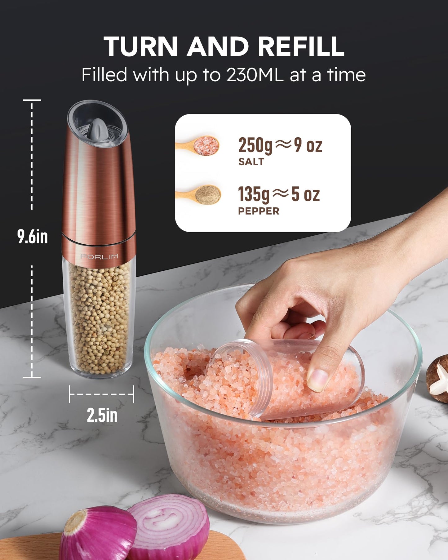 Upgraded 9 Oz. Capacity Electric Salt and Pepper Grinder Set, Battery Powered Salt Grinder Refillable, Automatic One Hand Operation Adjustable Coarseness, (Golden)