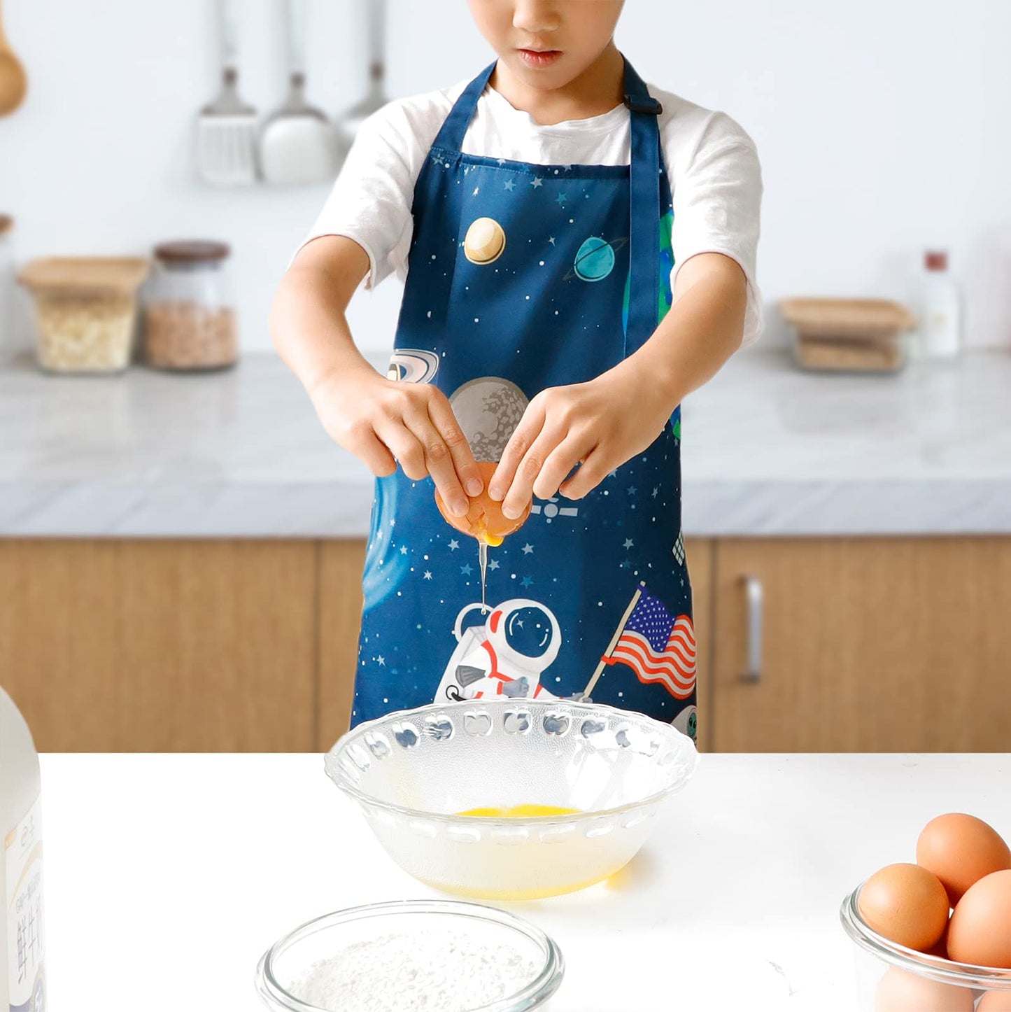 Kids Apron for Cooking or Crafts with Adjustable Neck Strap - Beach, Space or Dinosaur Theme