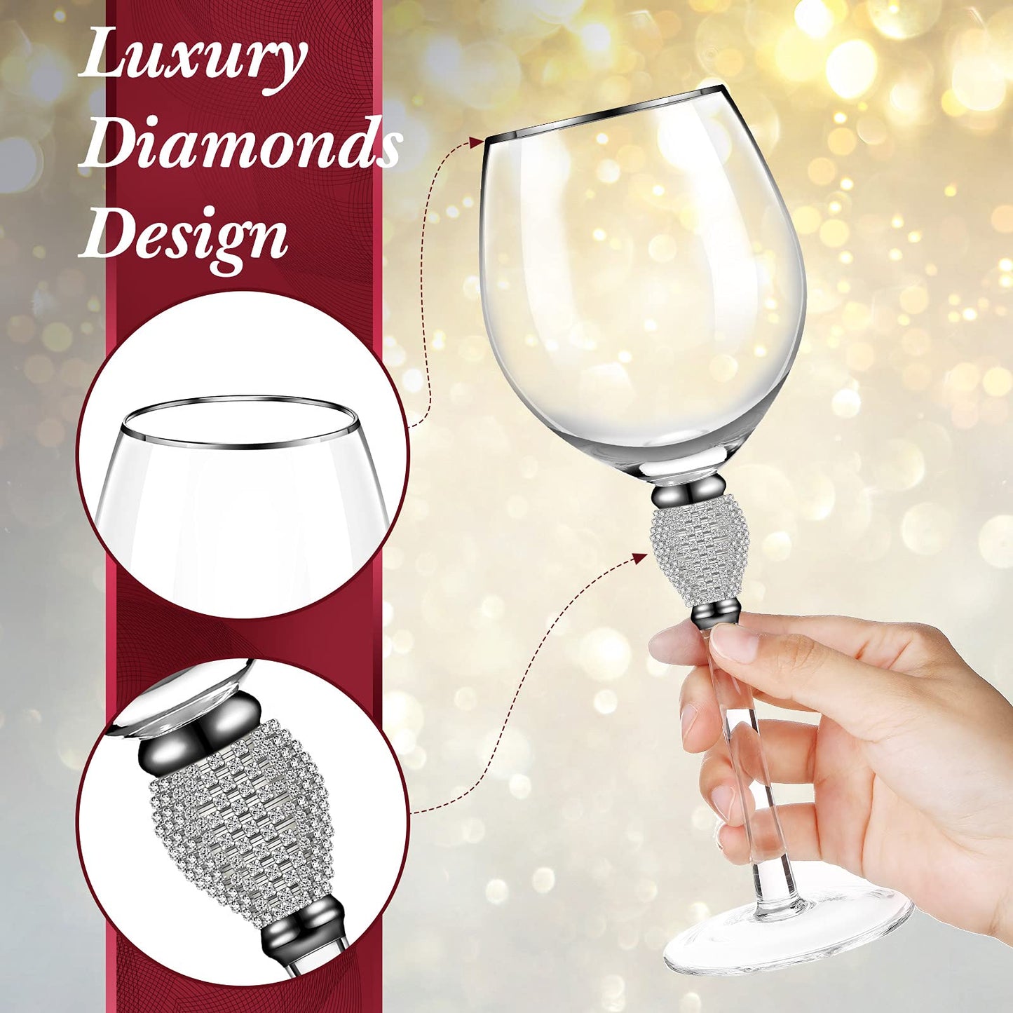 Patelai 2 Pieces Rhinestone Red Wine Christmas Gift Clear Glass with Rim Tulip Shaped Diamond Wine Glasses Long Stem Glassware for Wedding, Parties, Anniversary(Silver)