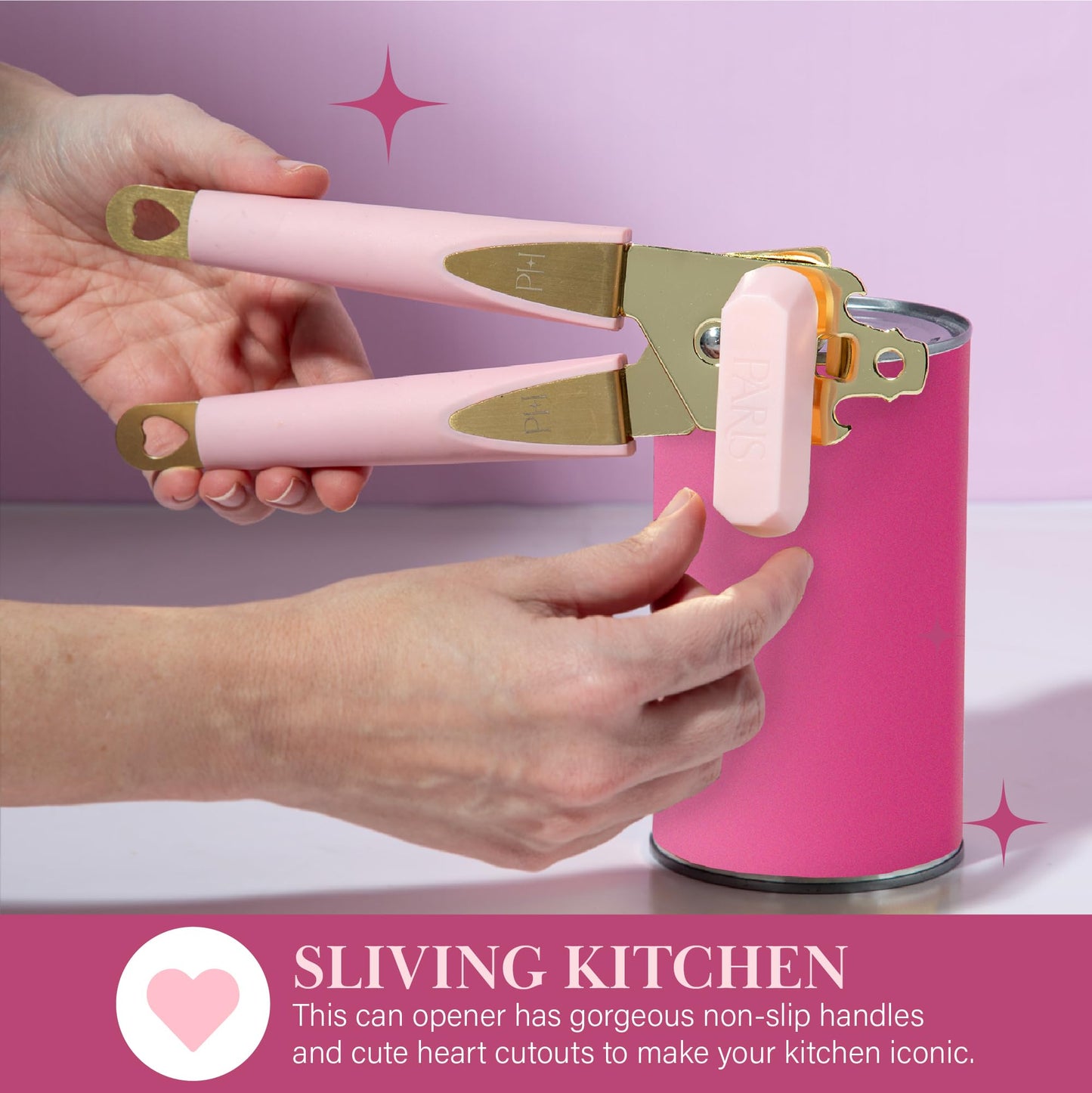 Paris Hilton Can Opener with Built-In Bottle Opener, Easy-Turn Knob & Soft-Grip Handles for Iconic Kitchen Convenience, Pink and Gold
