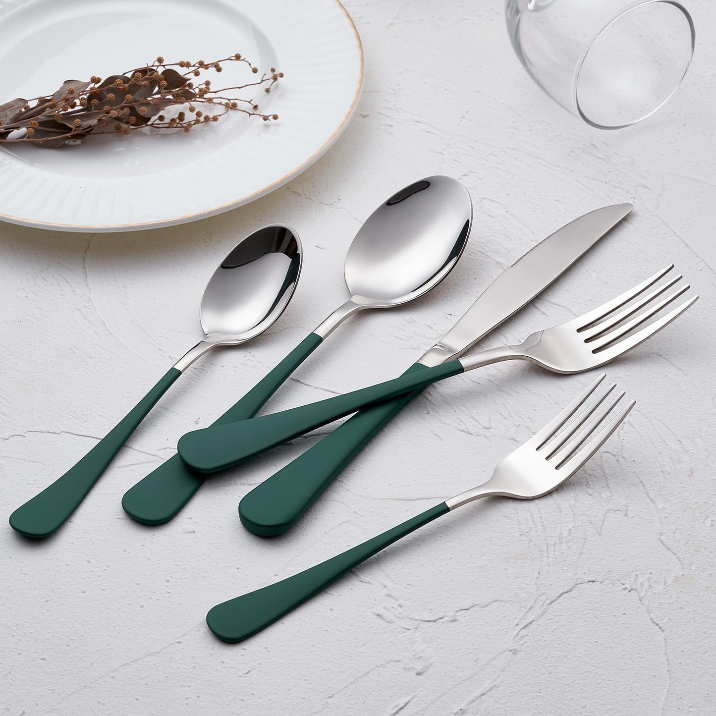 Green 20-Piece Silverware Set 18/0 Stainless Steel Flatware Green Handle Cutlery Set Service for 4 Dinner Knives Forks Spoons Set Mirror Finish Dishwasher Safe