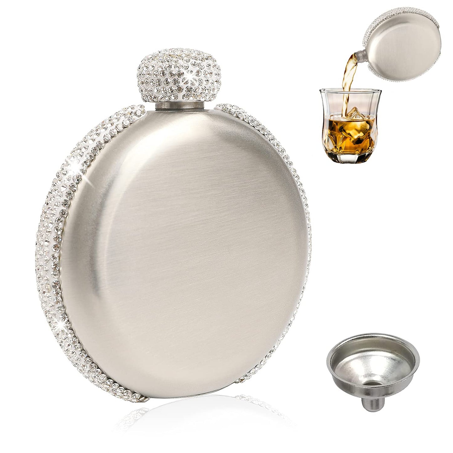 Elegant Liquor Flask for Women, Leakproof Wine Flasks 304 Stainless Steel Rhinestone Portable Flask with Funnel, Women Girls Bling Gift (Silver/5 oz.)