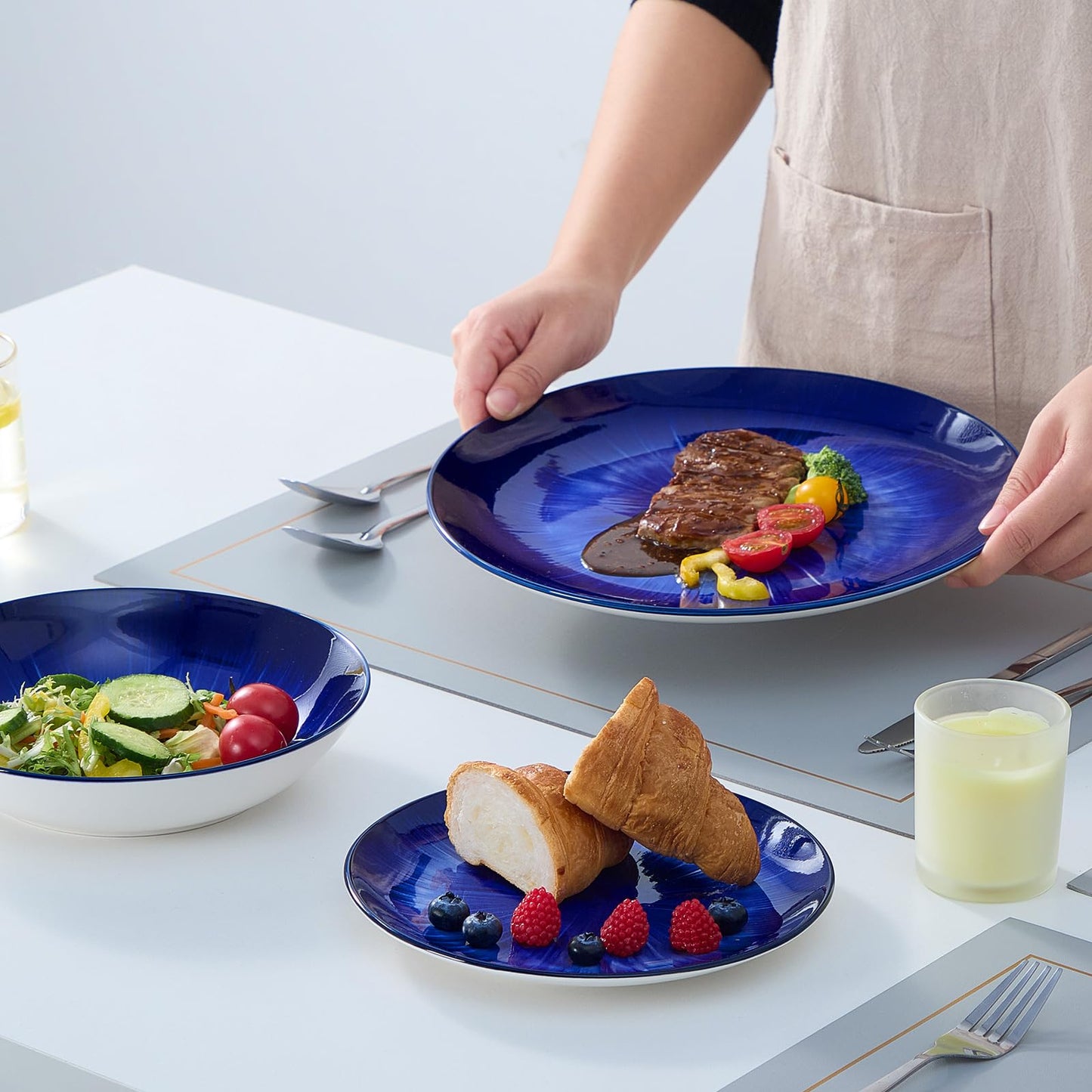 Bestone 12 Piece Round Kitchen Dinnerware Sets,Plates and Bowls sets,Dishes, Plates, Bowls, Dish Set,Plates and Bowls,Service for 4, Chip Resistant Porcelain (Dark Blue)