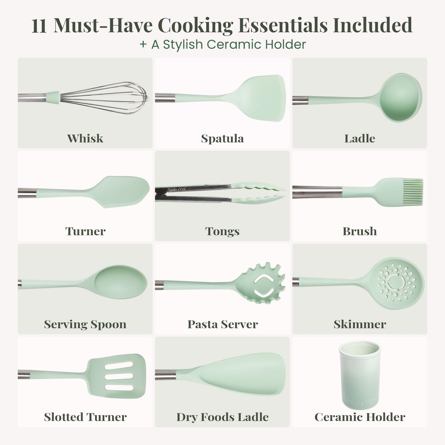 Sage 12-Piece Silicone Cooking Utensils Set | Silicone Utensils with Stainless Steel Handle and Ceramic Holder | Kitchen Utensils Set | Dishwasher Safe Set of Kitchen Essentials | Sage
