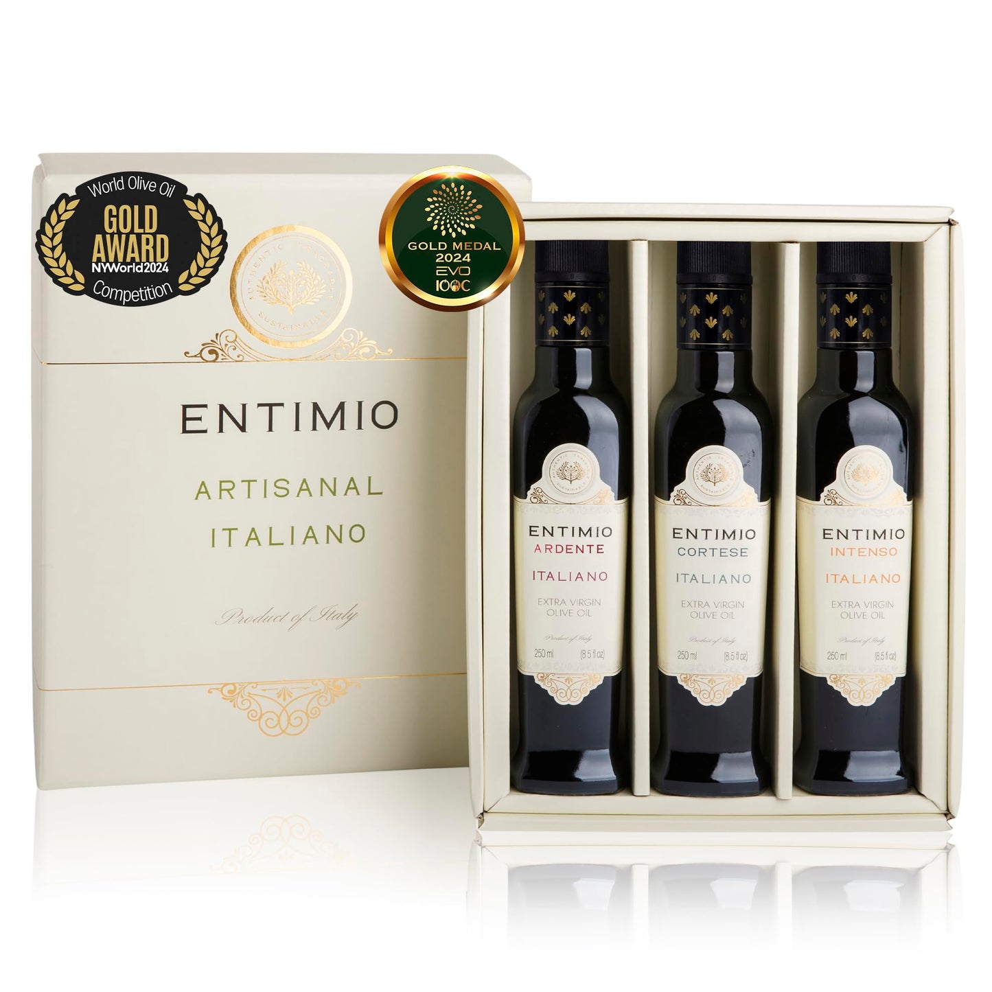 Entimio Collection +600 to +900 mg/kg Organic Extra Virgin Olive Oil Set, New 2024-2025 Early Harvest Italian Olive Oil from Italy, 2024 Gold Winner, Cold Extracted, Lab Tested - 25.5 (3 x 8.5) Fl. Oz.