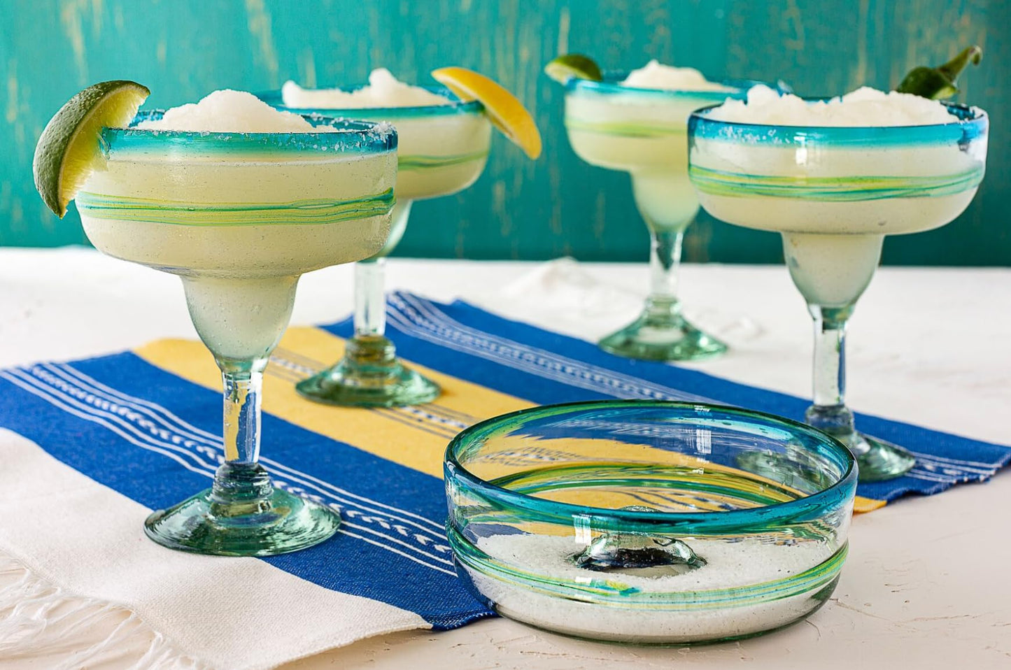 Mexican Glassware, Aqua Rims 16oz Margarita Glasses, Set of 2 Unique Hand Blown Glass, Handcrafted by Talented Artisans Thick & Sturdy Easy to hold