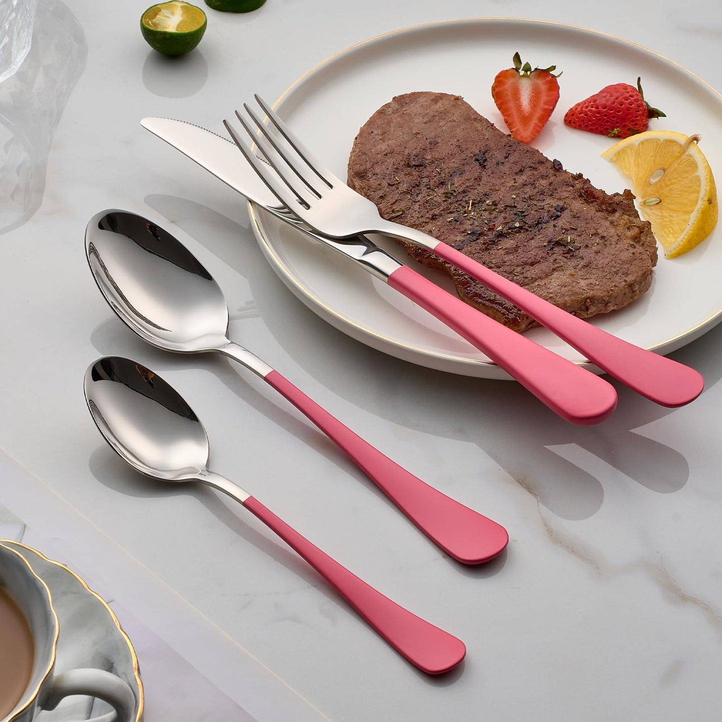 Cotton Candy Pink 20-Piece Silverware Set 18/0 Stainless Steel Flatware Pink Handle Cutlery Set Service for 4 Dinner Knives Forks Spoons Set Mirror Finish Dishwasher Saf