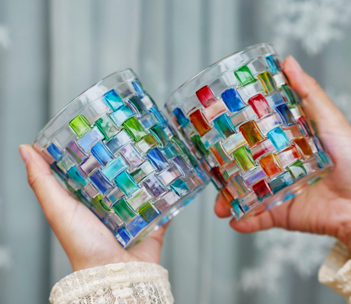 TUCHACA Colored Water Glasses. Colorful Drinking Glass Cups Set of 2 (2 colors). Whiskey Tumblers 10 oz. Renaissance Hand Painted Stained Glasses. The Gift for Cups Enthusiasts.