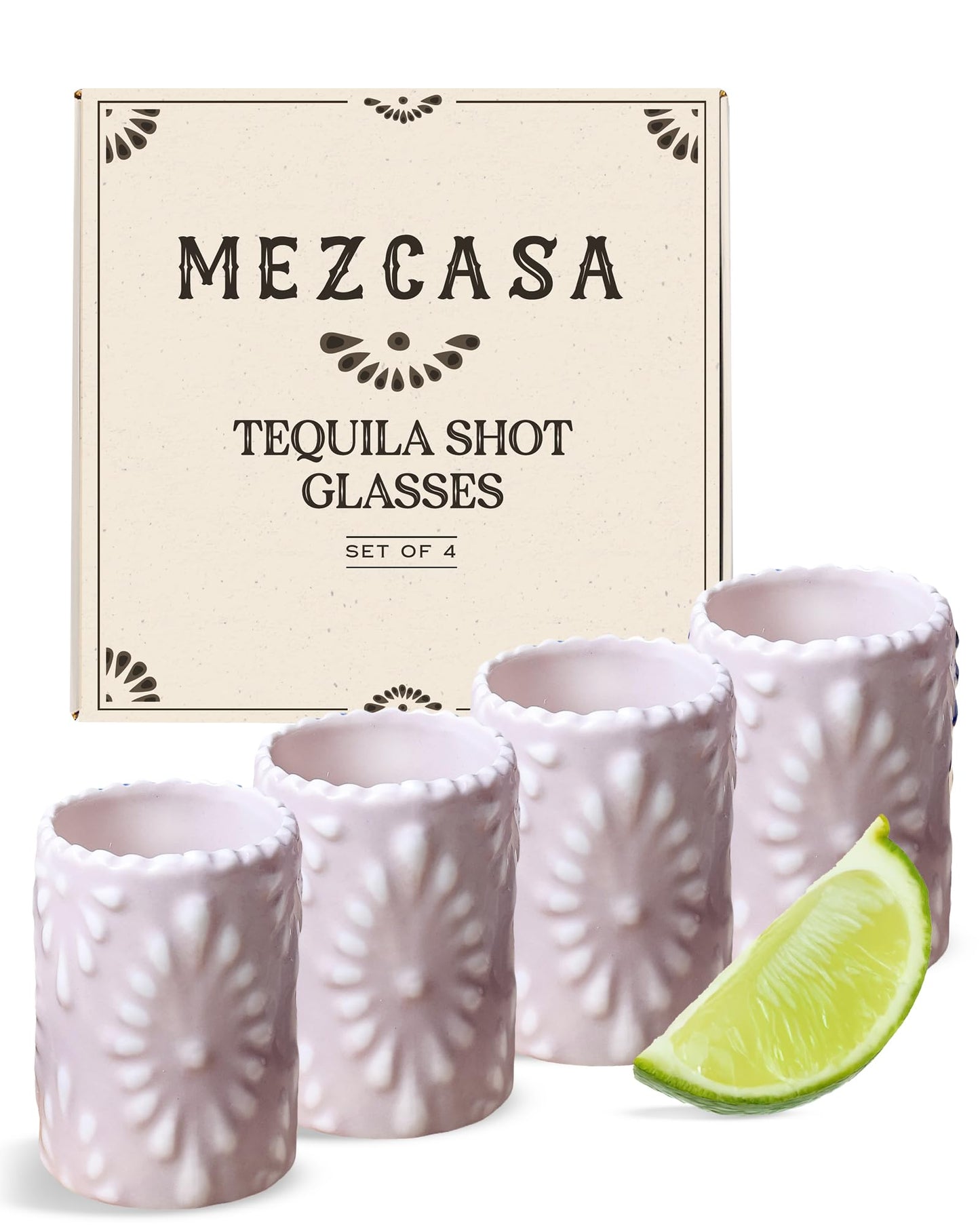 MEZCASA Talavera Shot Glasses — 100% Handmade Ceramic Tequila Shot Glasses with Talavera Mexican Pottery Design — Perfect Tequila Gifts for Women & Men for Any Occasion (BLUSH PINK| SET OF 4)