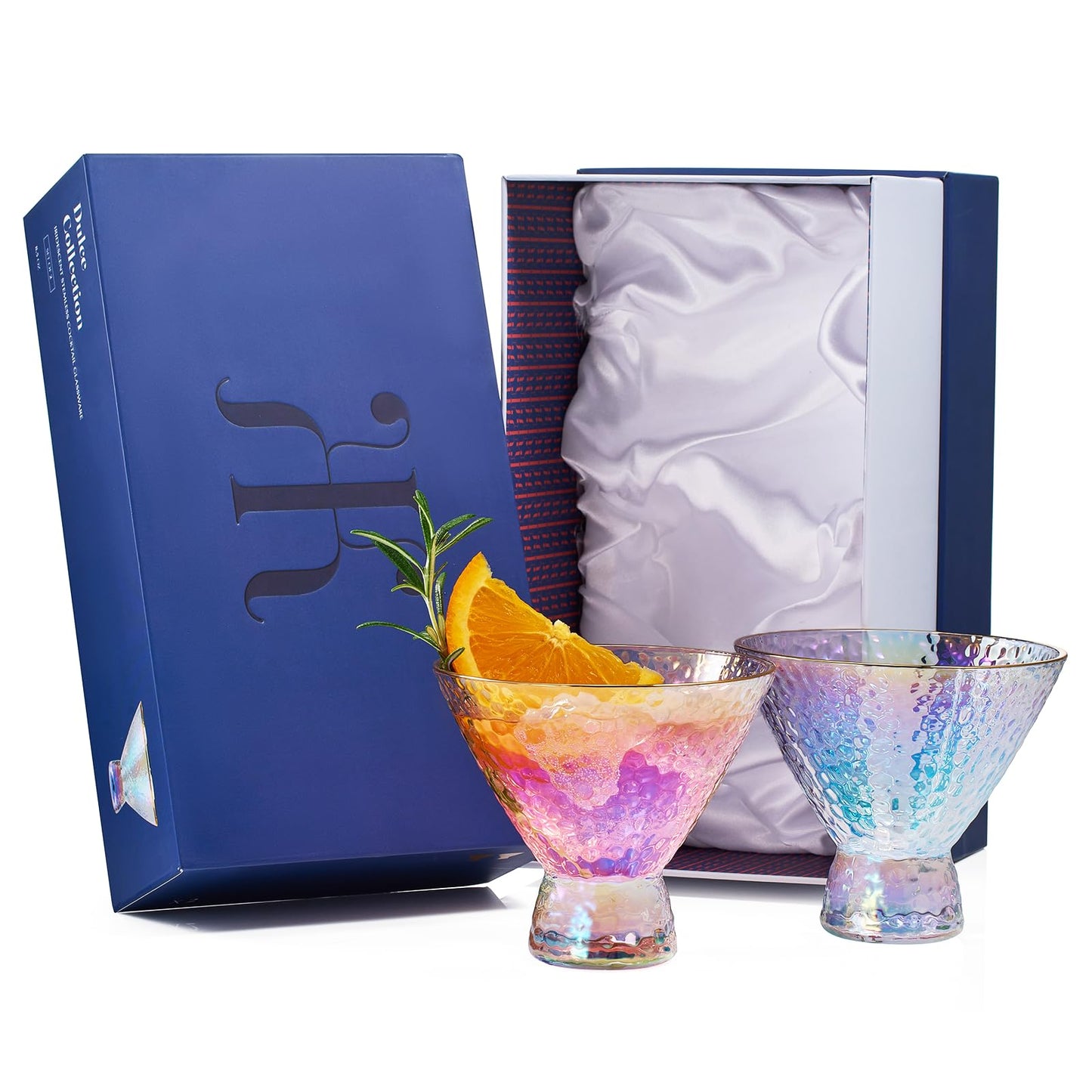 Iridescent Lustered Stemless Martini Glasses Set of 2 - Hammered Cocktail & Martini Glasses - Luxury Gift Box - Gold Rim 8oz Colorful Stemless Glassware - Weddings , Anniversary , Christmas , Barware
