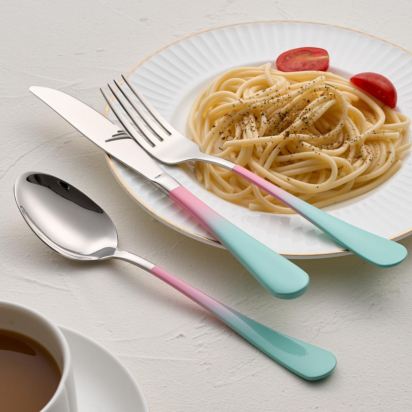 Unique Pink and Aqua 20-Piece Silverware Set 18/0 Stainless Steel Flatware Pink and Green Handle Cutlery Set Service for 4 Fork Knife Spoon Set Mirror Finish Dishwasher Safe