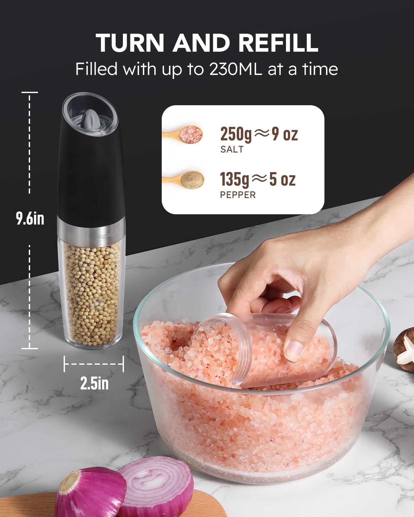 Electric Salt and Pepper Grinder Set, Upgraded 9 Oz. Capacity Refillable Battery-Operated Automatic Salt and Pepper Grinder Shakers Mill, Adjustable Coarseness One-Hand Operation (Black & White)
