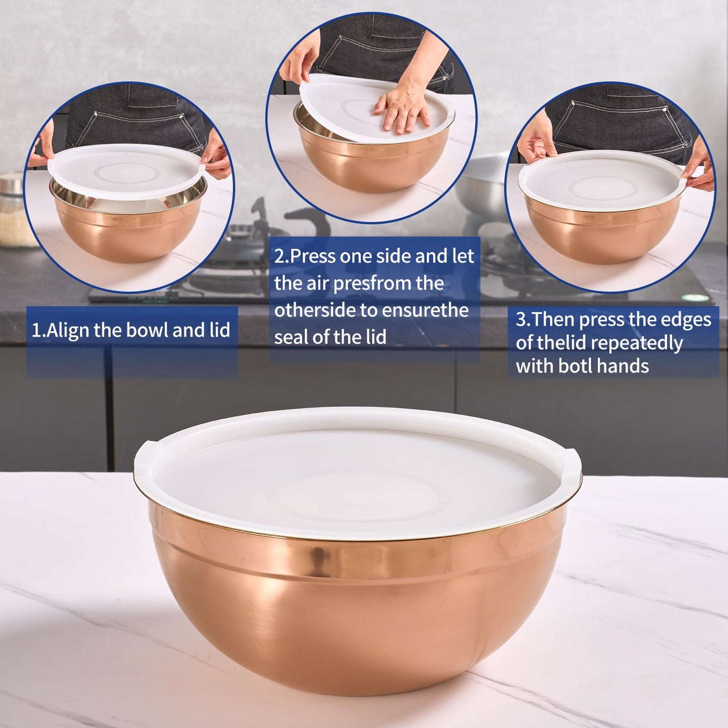 Moxinox Rose Gold Mixing Bowls with Airtight Lids, Stainless Steel Nesting Mixing Bowls Set of 7, Ideal for Baking, Prepping and Serving Food, Size 7, 3.6, 2.7, 2.1, 1.5, 1.1,0.8 QT, Stackable Design