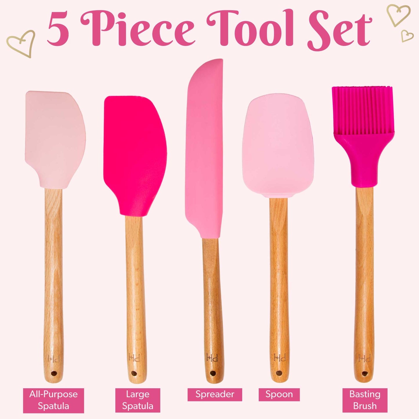Paris Hilton Silicone Spatula Set, Heat Resistant Kitchen Utensils Tool Set includes a basting brush, all-purpose spatula, large spatula, spoon and spreader, 5-Piece Pink