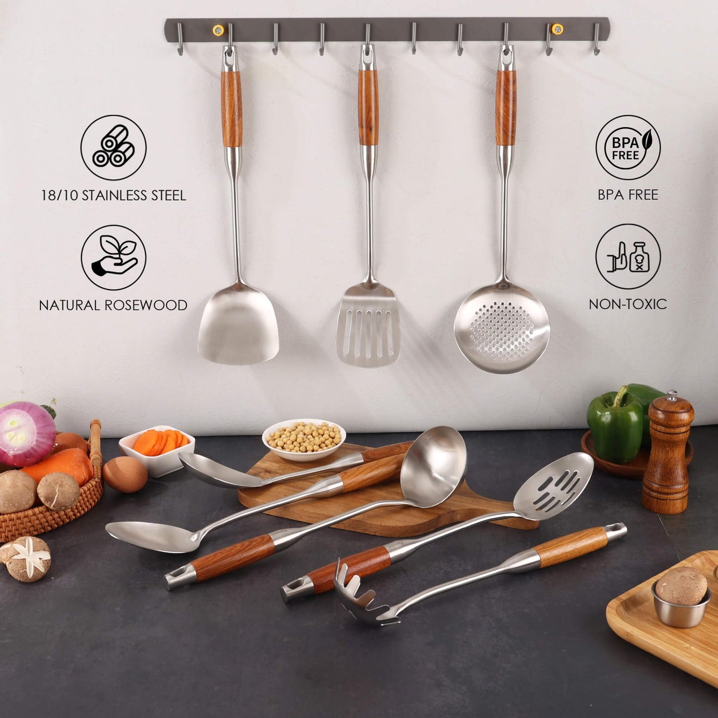 18/10 Stainless Steel Kitchen Utensils Set with Wood Handle - 15” Metal Cooking Tools and Serving Utensil, 8-Pieces Cooking Spoons Set - Spatula, Ladle, Skimmer, Turner, Pasta, Solid Spoon, Slotted Spoon