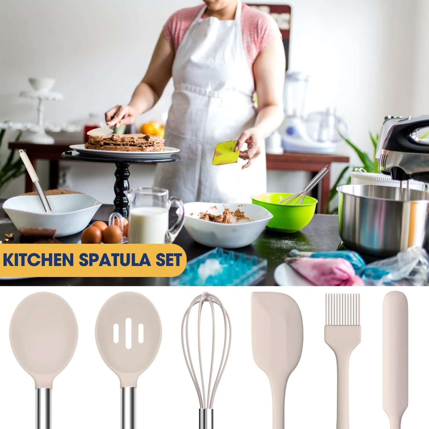 Khaki 24-Piece Silicone Cooking Utensil Set, Fungun Non-stick Kitchen Utensil 24 Pcs Cooking Utensils Set, Heat Resistant Cookware, Silicone Kitchen Tools Gift with Stainless Steel Handle (Khaki-24pcs) …