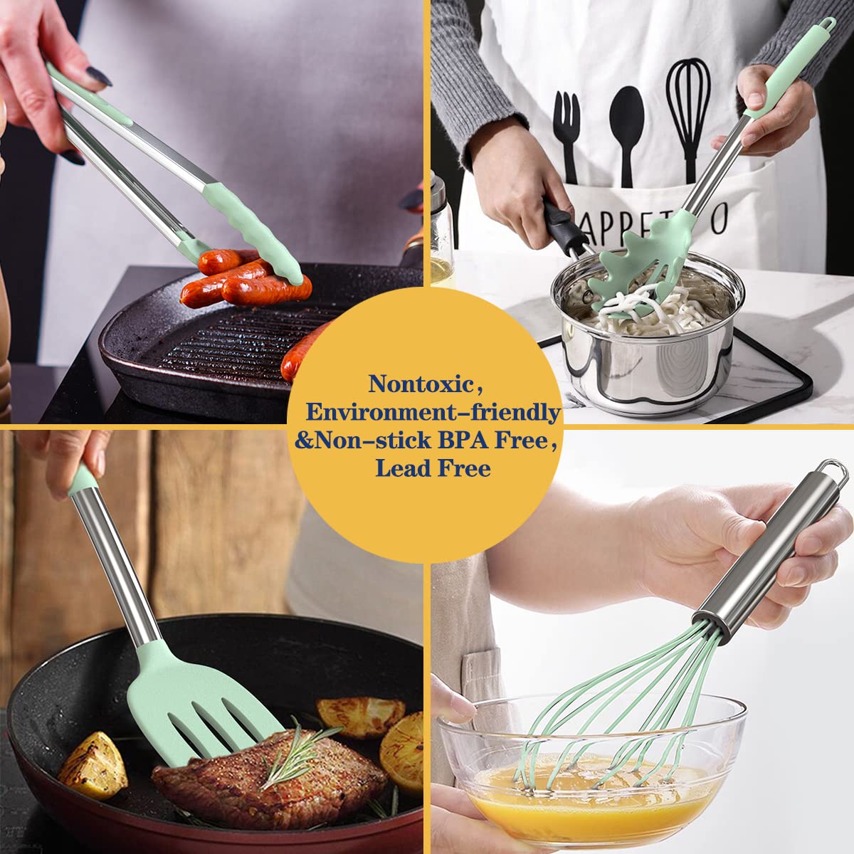 Green 24-Piece Silicone Cooking Utensil Set, Fungun Non-stick Kitchen Utensil 24 Pcs Cooking Utensils Set, Heat Resistant Cookware, Silicone Kitchen Tools Gift with Stainless Steel Handle (Green-24pcs)