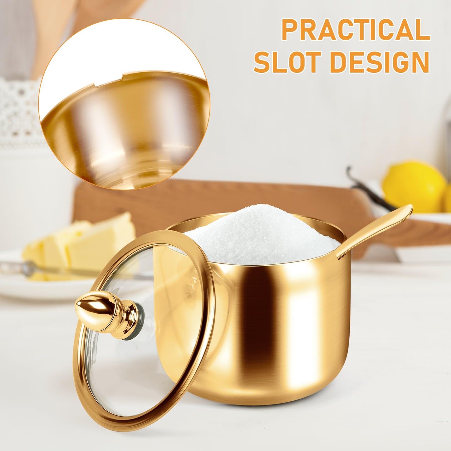 2 Pcs Coffee and Sugar Dispenser with Tray - 10 oz Sugar Bowl with Glass Lid and Spoon for Coffee Bar Accessories Kitchen Storage for Salt,Coffee Bean,Brown Sugar Cubes (Gold)