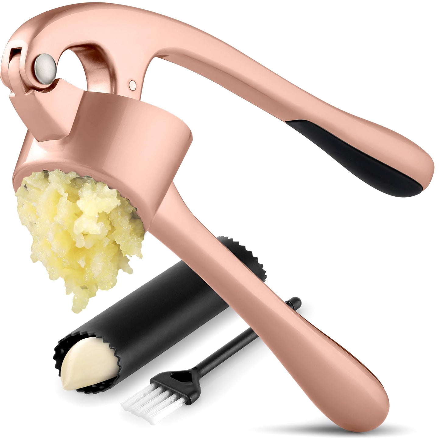 Zulay Kitchen Large Premium Garlic Press Set - Bigger Bowl for Bigger Garlic - Rust Proof and Dishwasher Safe Garlic Mincer Tool - Easy-Squeeze, Easy-Clean Silicone Garlic Peeler and Brush (Rose Gold)