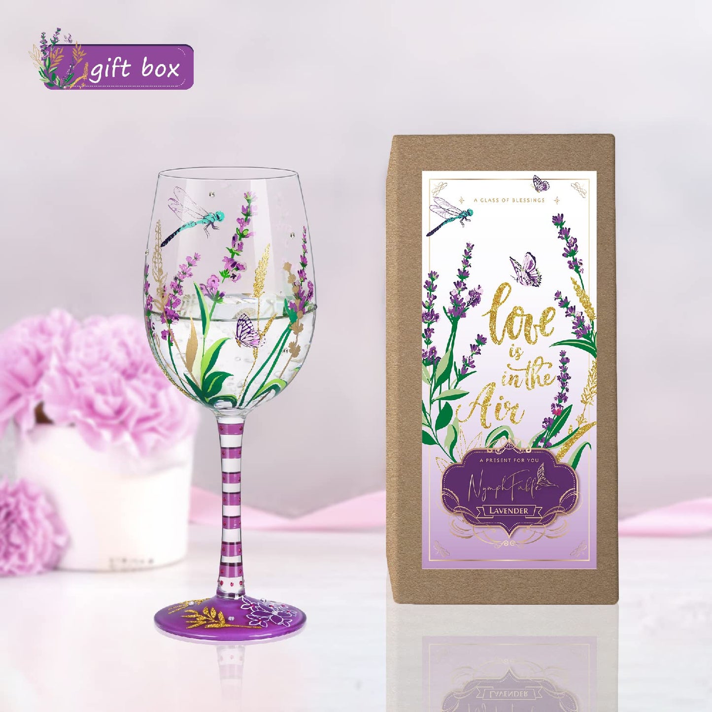 NymphFable Hand Painted Wine Glass Purple Lavendar & Dragonfly Birthday Gift for Women with Personalised Gift Box, 15oz