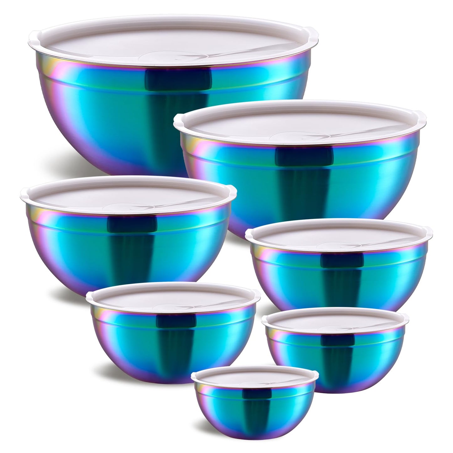 Moxinox Colorful Mixing Bowls with Airtight Lids, Stainless Steel Nesting Mixing Bowls Set of 7, Ideal for Baking, Prepping and Serving Food, Size 7, 3.6, 2.7, 2.1, 1.5, 1.1,0.8 QT, Stackable Design