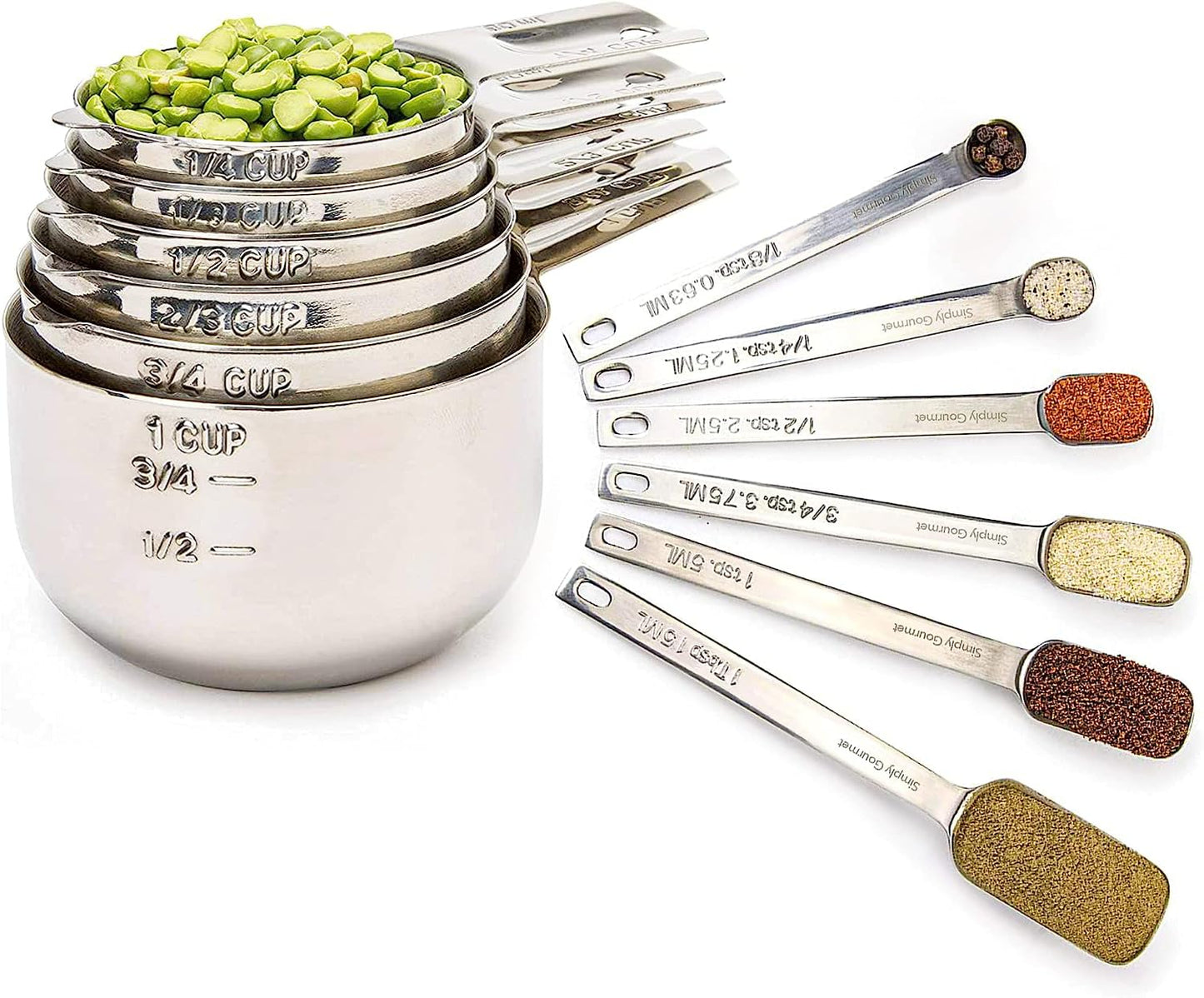 Simply Gourmet Measuring Cups and Spoons Set of 12, 304 Premium Stainless Steel, Stackable Cups Long Handle Spoons Fits Narrow Jars, Kitchen Gadgets for Liquid & Dry Ingredients Cooking Baking