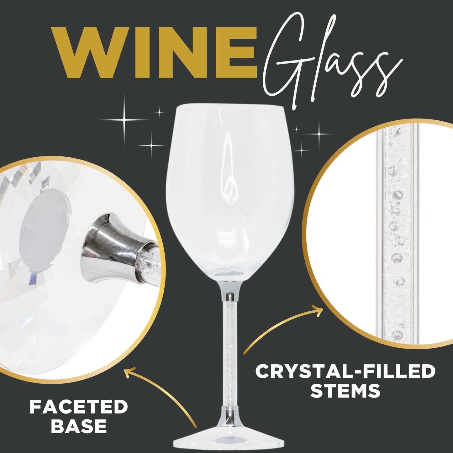 Sparkles Home Vetrina Stem Wine Glass, Sophisticated Crystal Glassware, Faceted Base, Red, White, Rosé, For Celebration Dining Table Setting, Event, Wedding, Silver, Set of 2 in Gift Box