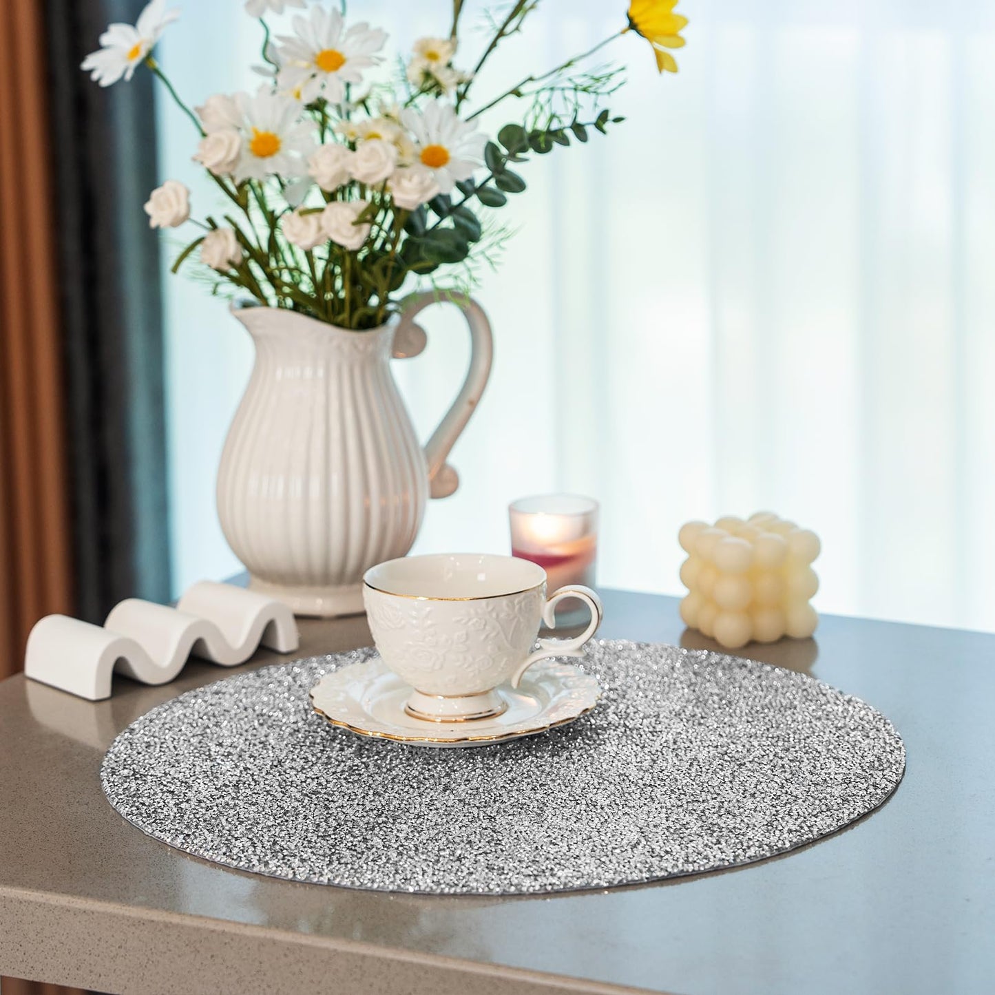 Cumouna Silver Placemat Sparkle Crushed Rhinestones Round Washable Elegant Glitter Table Mat for Fall Halloween Wedding Christams Kitchen Home Decor Housewarming Gifts (15 Inch)
