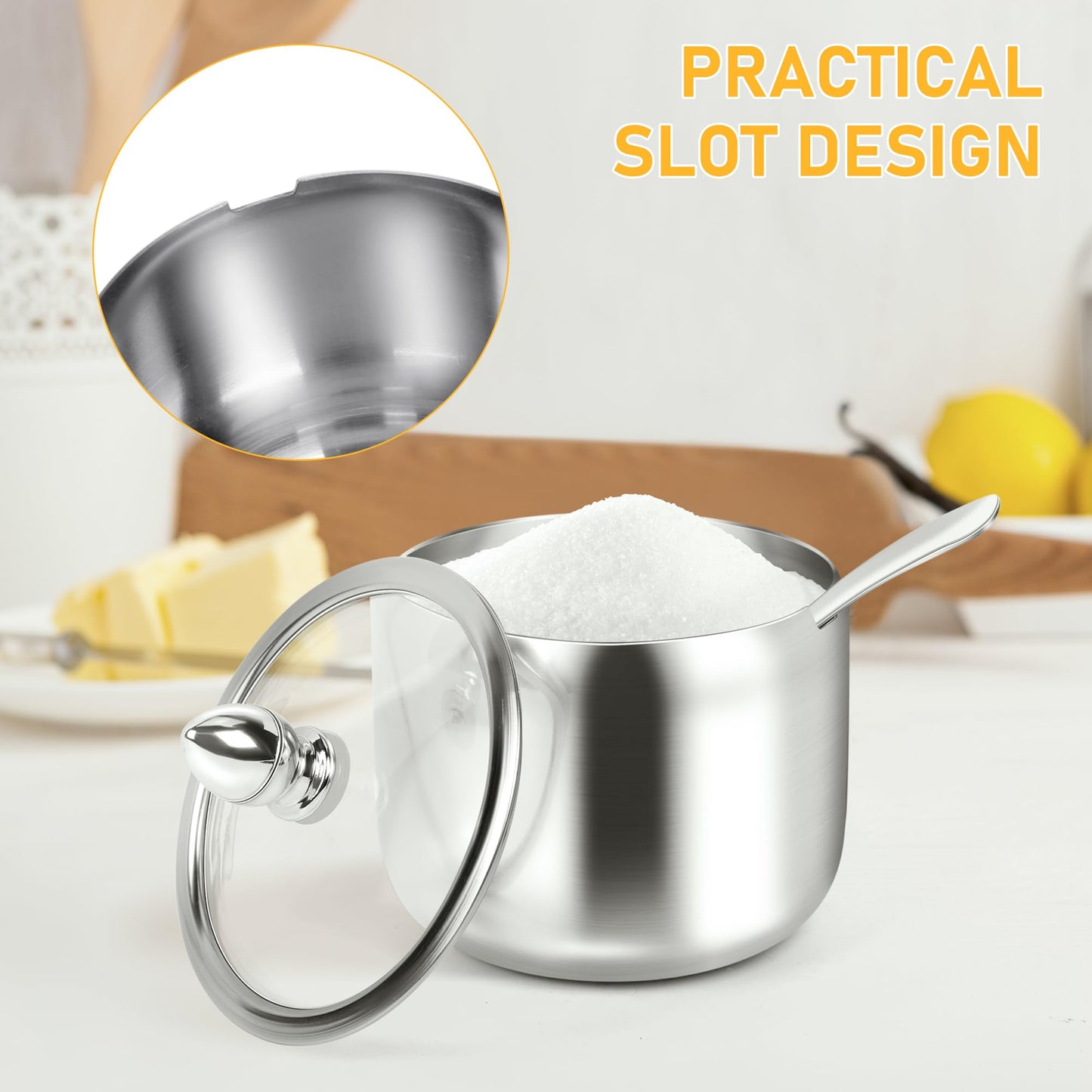 2 Pcs Stainless Steel Sugar Bowl with Tray - Sugar Container with Glass Lid and Spoon for Coffee Bar Accessories Storage for Brown Sugar,Salt,Tea,Coffee Bean,Sugar Cubes (Silver)