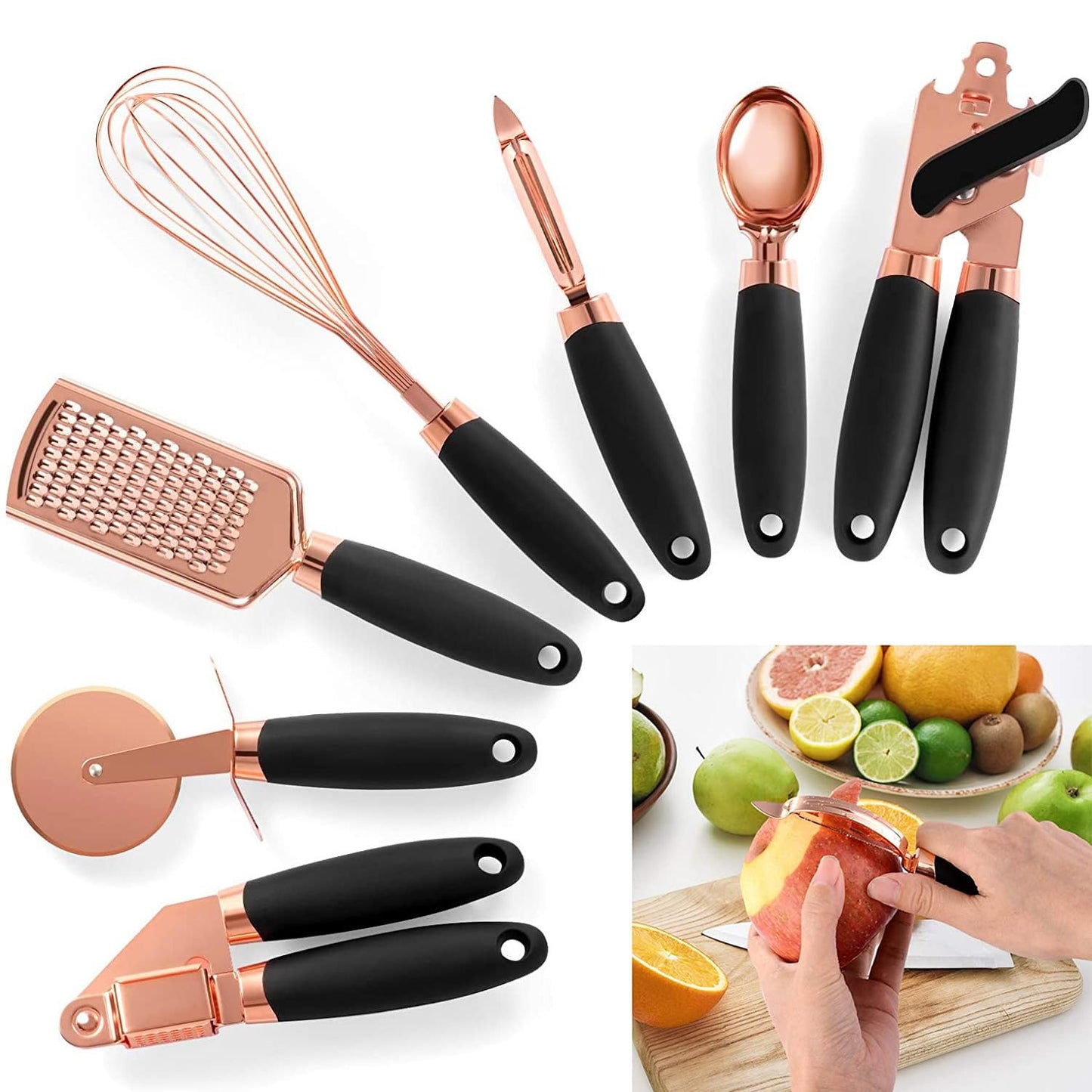 White & Gold Kitchen Tools and Gadgets - Luxe 7PC Cooking Tools and Gadgets with Anti-Slip Handles, Gold Utensils Set, Gold Kitchen Accessories,Premium Kitchen Gadget Set (Rose gold & black)