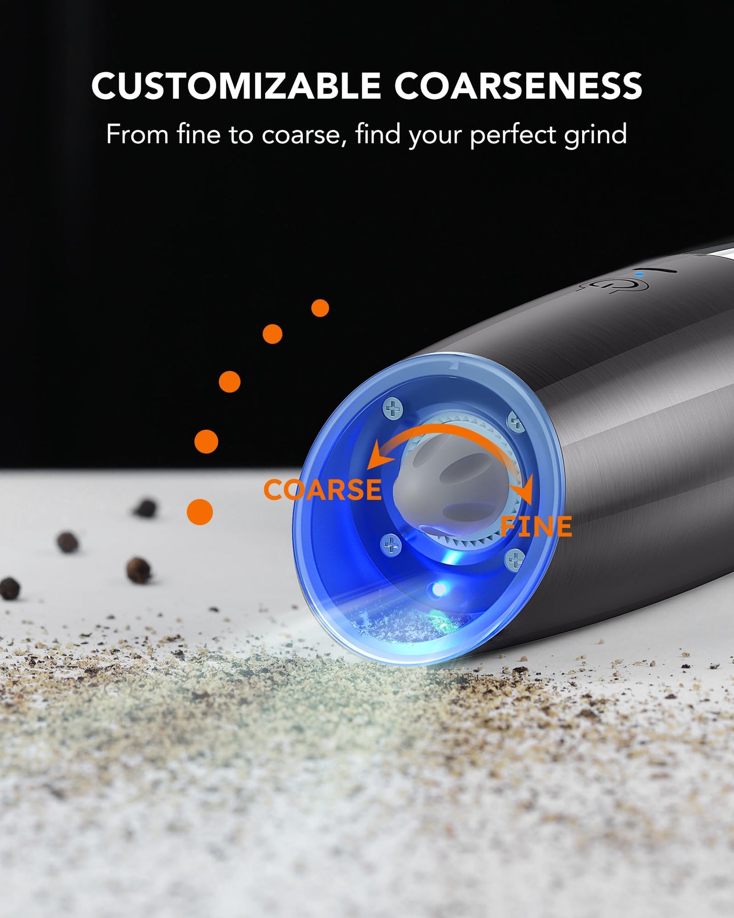 Rechargeable Electric Salt and Pepper Grinder Set, 9oz. Large Capacity Automatic Pepper Mill, Gravity One-Click Grinding One-Hand Operated, Stainless Steel Salt Grinder (Metallic Gunmetal)