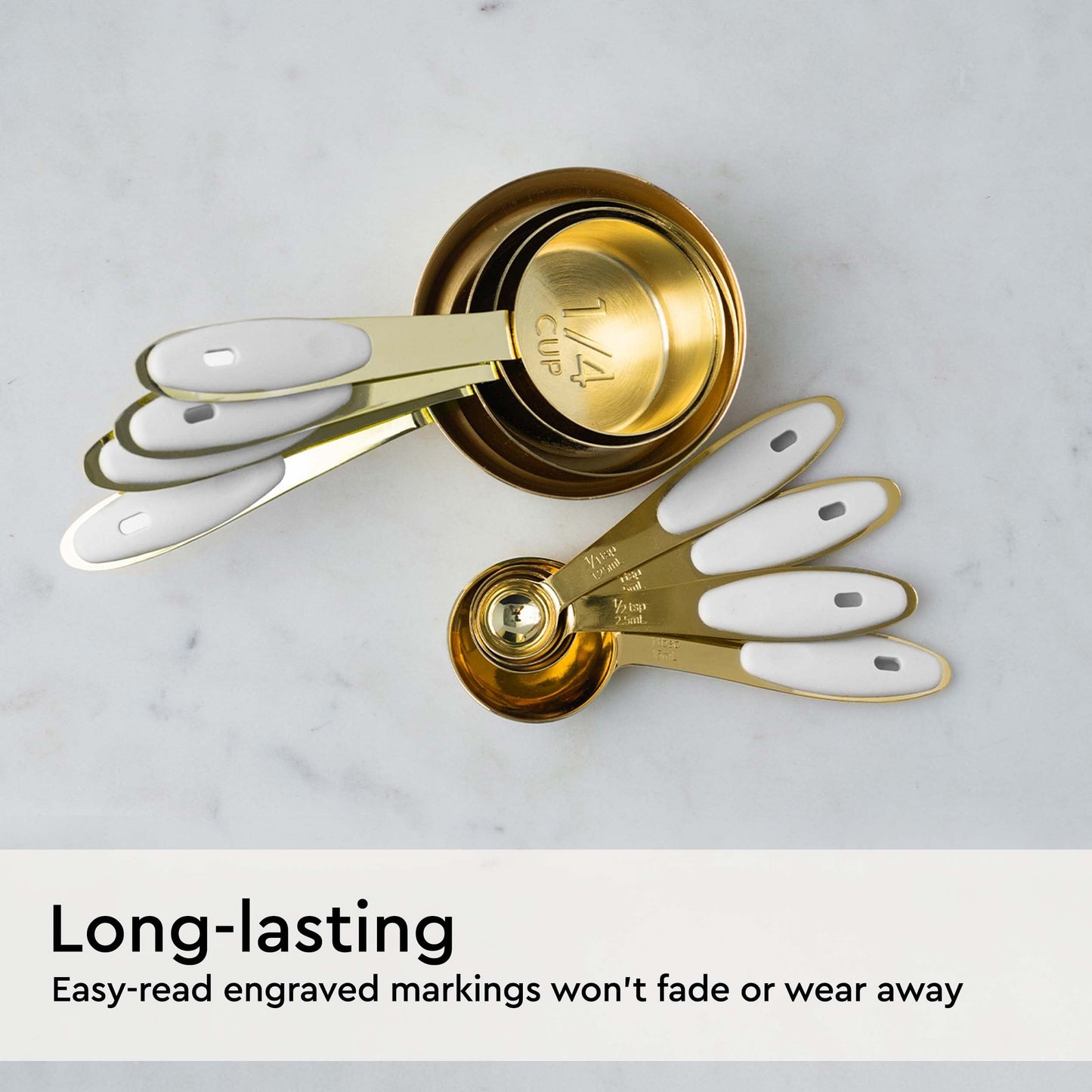 White and Gold Measuring Cups and Spoons Set - 8-Piece Stackable Stainless Steel Measuring Set - Stylish White and Gold Kitchen Accessories for Precise Baking and Cooking, Ideal Gift for Bakers and Home Chefs