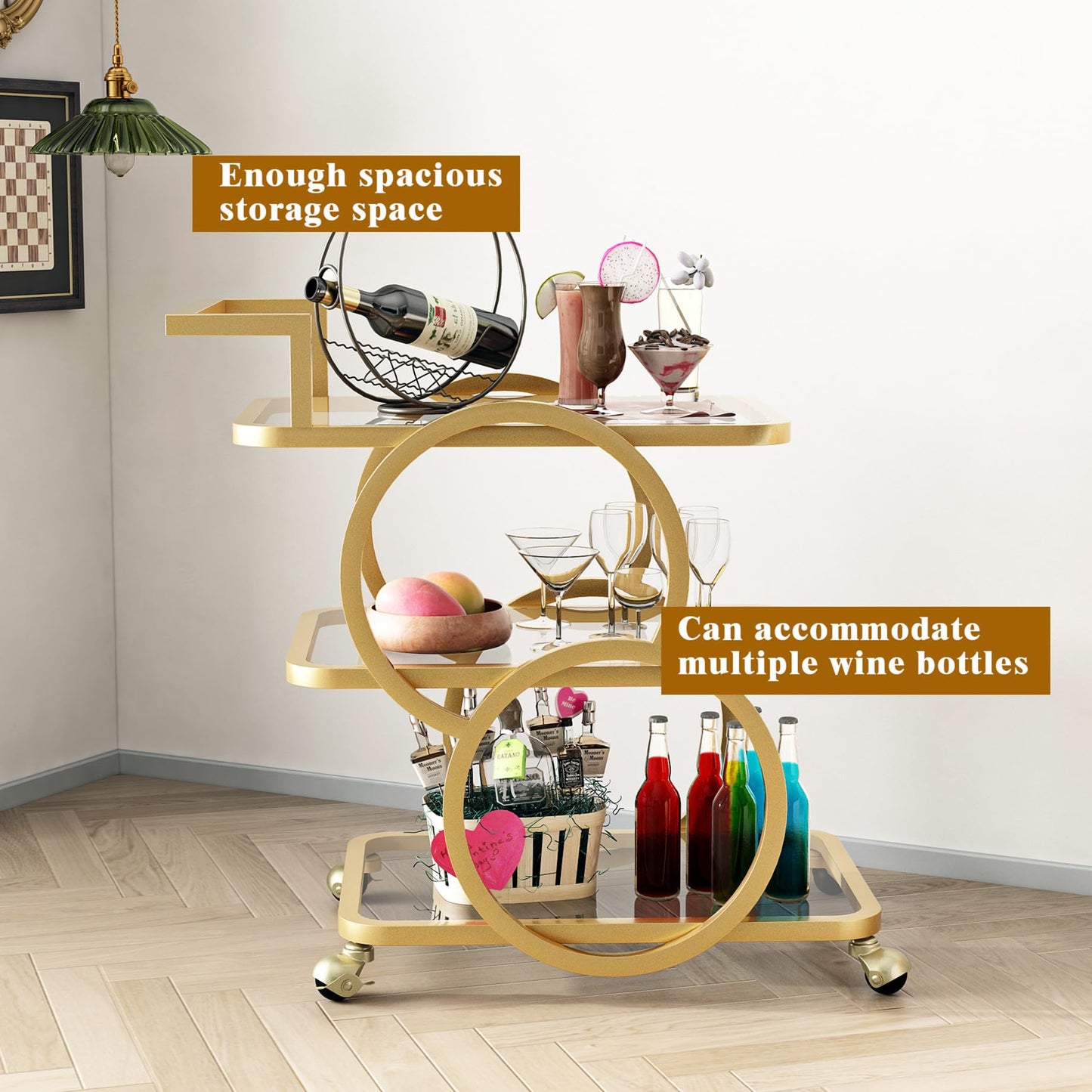 LORMITER Gold Bar Carts with 3-Tier Shelves, Rolling Bar Carts on Wheels, Kitchen Serving Cart for Dining Room, Glass Bar Carts for Home Use, Round Bar Carts, Wine Carts.