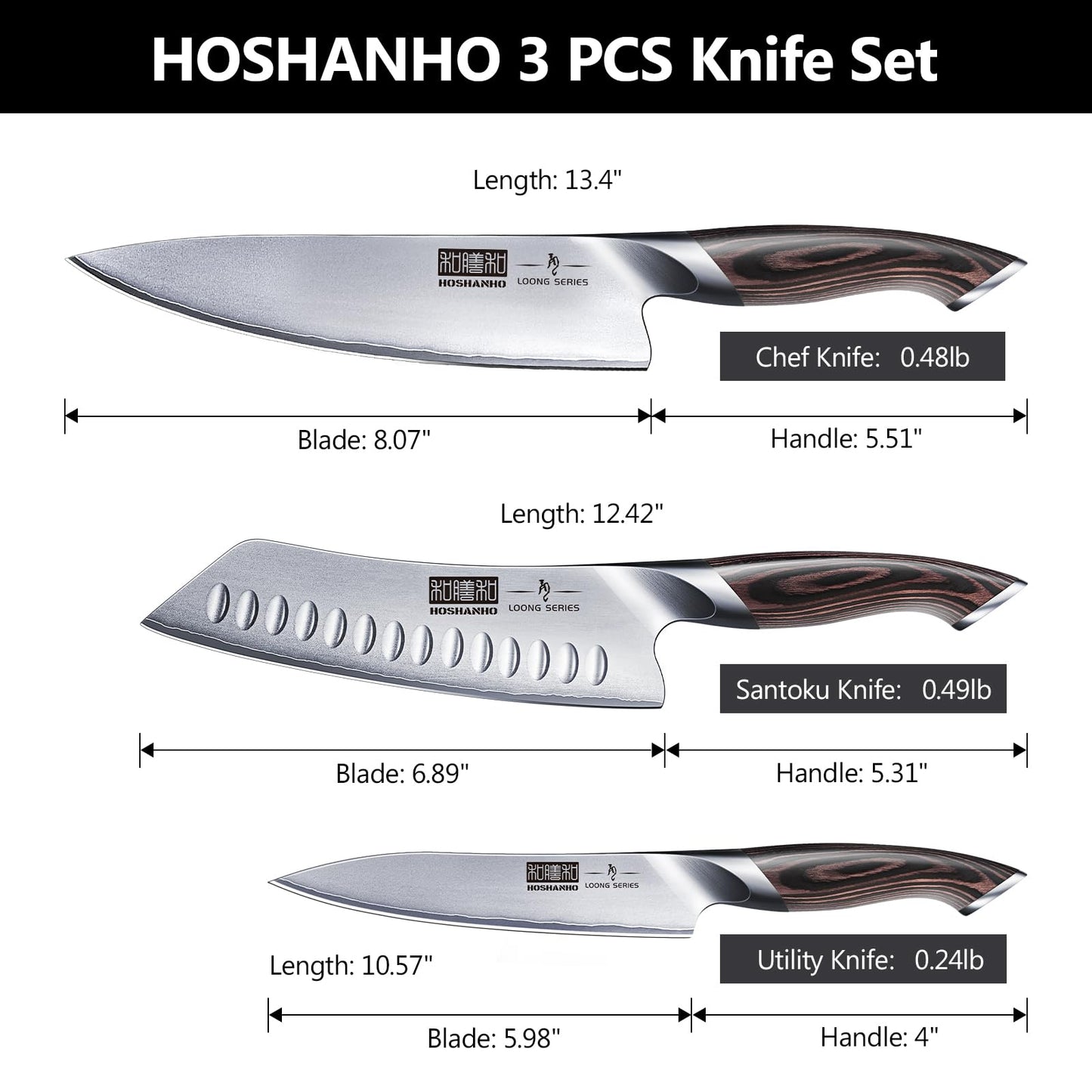 HOSHANHO 3-Piece Knife Set, Professional Japanese AUS-10 Stainless Steel Kitchen Knife Set, Ultra Sharp Chef Knives Sets with Ergonomic Pakkawood Handle
